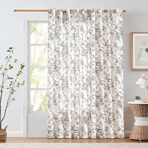 jinchan Linen Floral Curtains Extra Wide for Patio Sliding Glass Door Room Divider Curtain for Living Room 90 Inch Length Farmhouse Peony Black Printed Curtain Set 1 Panel