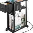 Narrow Side Table (1PC) - Black End Table with Overload Protection, Charging Station Drawer & 4 Wheels, Mobile Storage Nightstand for Bedroom Studio Apartment (1 AC + 2 USB Ports)