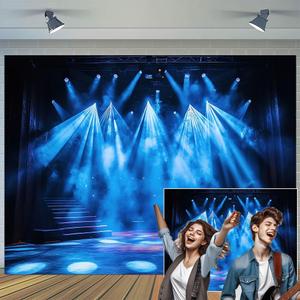 10X8ft Stage Photo Backdrop Photography Karaoke Night Background, Blue Concert Rock Star Spotlights Drama Music Show Party Backdrops Photo Booth Prop Decorations Wall Decor Tablecloth