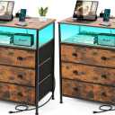 3 Drawers Dresser with Charging Station, 24 Inch Wide LED Night Stand Set 2 with Adjustable Fabric Drawer, Nightstand with Storage Shelf for Living Room/Bedroom/Office, Rustic Brown.