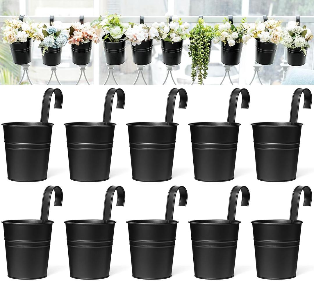 Dahey 10 Pcs Hanging Flower Pots Metal Iron Bucket Outdoor Planter for Railing Fence Balcony Garden Home Decoration Flower Holders with Detachable Hooks, Black, 5 Inches