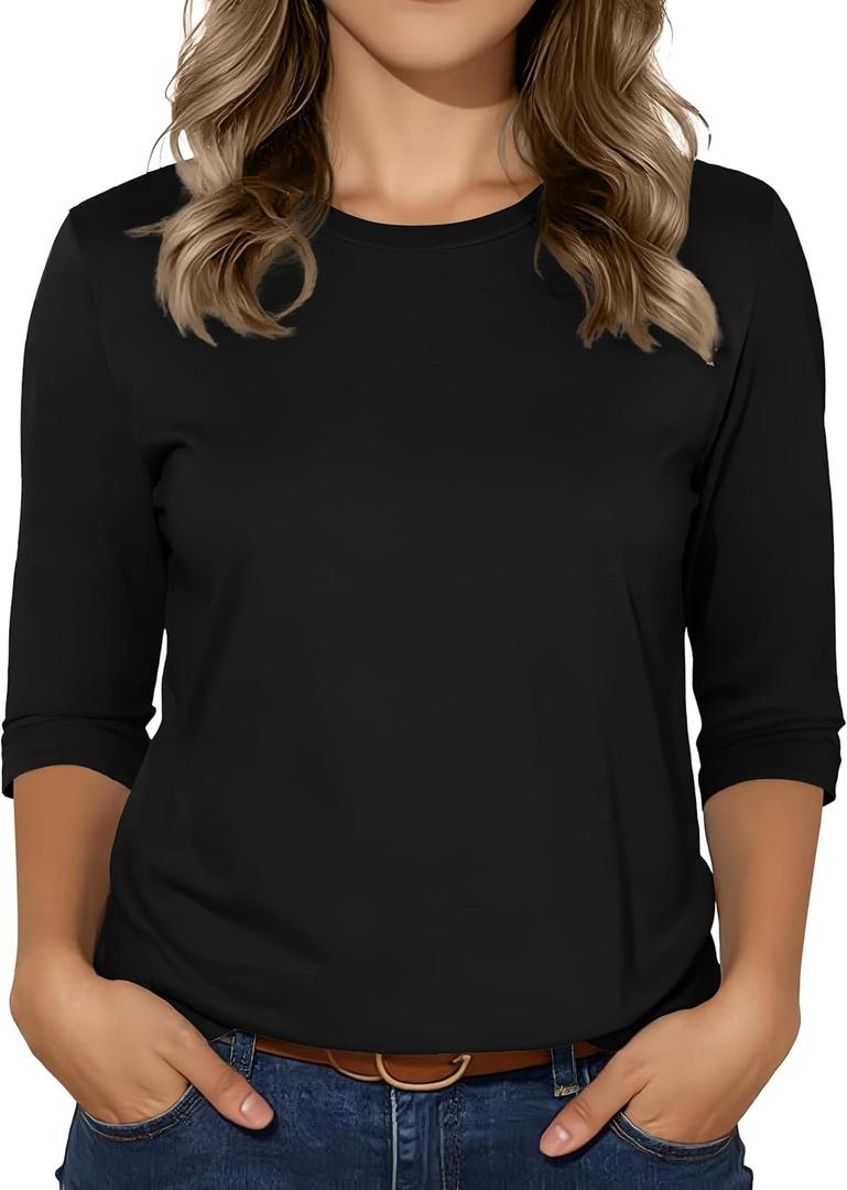 3/4 Sleeve Tops for Women Basic Crew Neck Spring Blouses Casual Fit Fall T Shirts 2026 (Large)