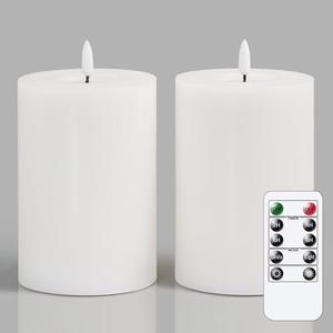 Zevanor Flameless Flickering 4" x6" Real Wax White Remote Candles with Candle Grease, Pack of 2 Timer LED Battery Operated Fake Warm Light Pillar Candles for Home, Banquet, Ceremony Decoration