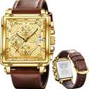 OLEVS Stylish Wrist Watch for Men,Silicone Strap Men Watches,Pro Diver Stainless Steel Chronograph Watch,Waterproof Date Dress Watch for Man,Large Face Male Watch (brown leather gold 9925)