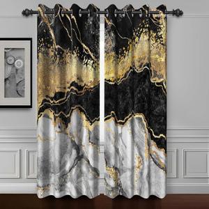 Black Gold Marble Window Curtains - Bedroom & Living Room Modern Luxury Blackout Drapes with Grommets, 2 Panels, 26x63 Inch