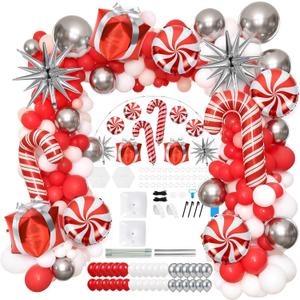 Christmas Balloon Garland Arch Kit Red White Sliver Balloon Column Stand Set with Candy Cane Gift Box Aluminum Foil Balloon For Xmas Winter Holiday Birthday Baby Shower Party Decorations