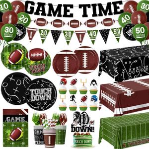 Football Party Supplies Kit Serve 24, Football Party Decorations Include Football Plates Napkins Cups Tablecloth Banner Balloon and Cake Topper for Birthday Game Day Tailgate Decor