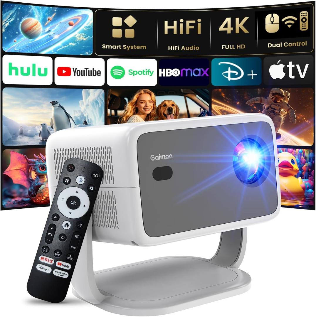 Projector [Auto Focus/360 Rotatable Stand] 4K Projector with Wifi and Bluetooth 1080P Native, Compatibile with TV Stick/Memory Stick/Laptop, Smart Home Outdoor Projector Gery (Grey)