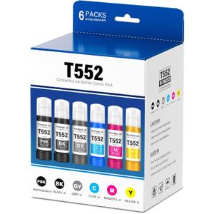 Compatible for 552 Ink Refill Bottles 6 Pack (NotSublimation Ink) Compatible Replacement for Epson Ecotank Photo ET-8550 ET-8500 ET8550 ET8500 8550 8500 Printer, T552 Ink (BK Pigment, PB C M Y GY Dye)