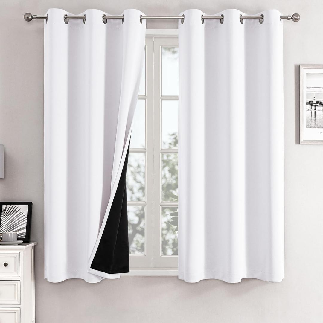 ChrisDowa White 100% Blackout Curtains for Bedroom with Black Liner, 2 Thick Layers Total Blackout Thermal Insulated Grommet Small Window Curtains 2 Panels Set (Pure White, 42 x 45 Inch)
