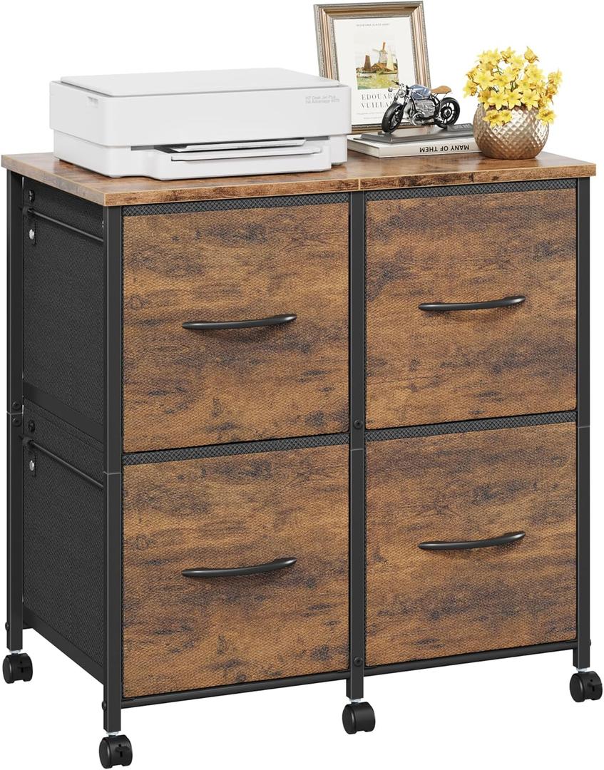 HIGDBFE 4 Drawer Lateral File Cabinet, Mobile Filing Cabinet for Large Printer, Home Office Functional Small Office Storage Cabinet & Printer Stand,Fabric, Rustic Brown