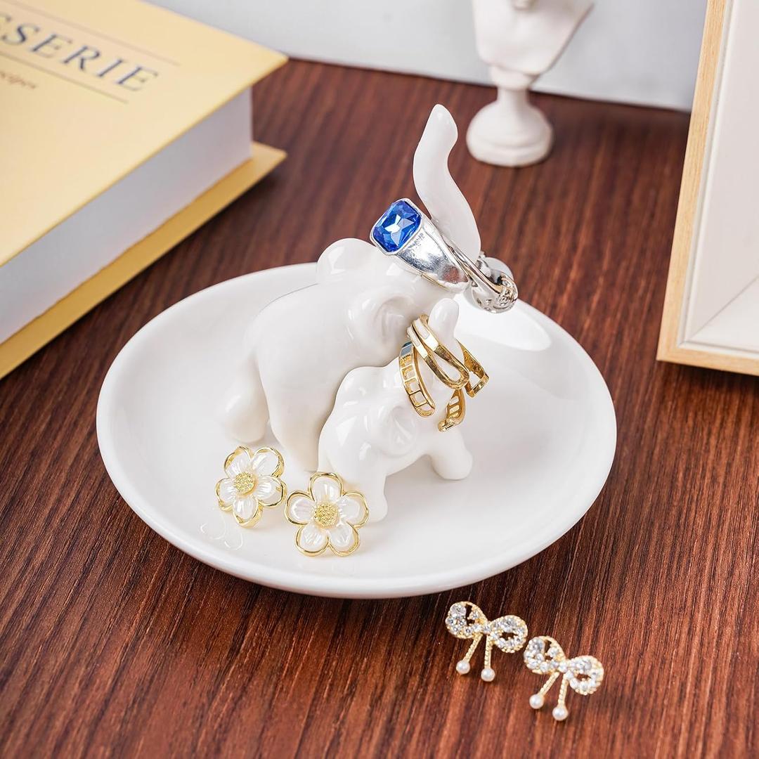 Elephant Ring Holder Jewelry Dish, Ceramic Elephant Decor Jewelry Holder, Elephant Gifts for Women Birthday Engagement Wedding, White