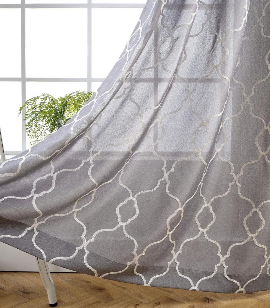 MIUCO Moroccan Embroidered Semi Sheer Curtains Linen Look Grommet Curtains for Living Room 52 x 84 Inch Set of 2, Grey