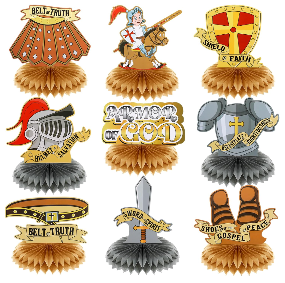 Jetec 9 Pcs Armor of God Honeycomb Centerpieces Bible Verse Religious Themed Party Decorations 3D Armor Knight Medieval Table Decor for Table Party Supplies
