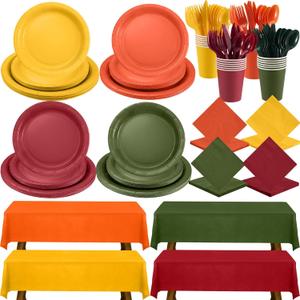 Havawish 340 Pcs Fall Plates and Napkins Party Supplies Thanksgiving Disposable Dinnerware Set Include Plates Napkins Cups Cutlery Tablecloth for Autumn Harvest Party Supplies, Serves 48 Guests