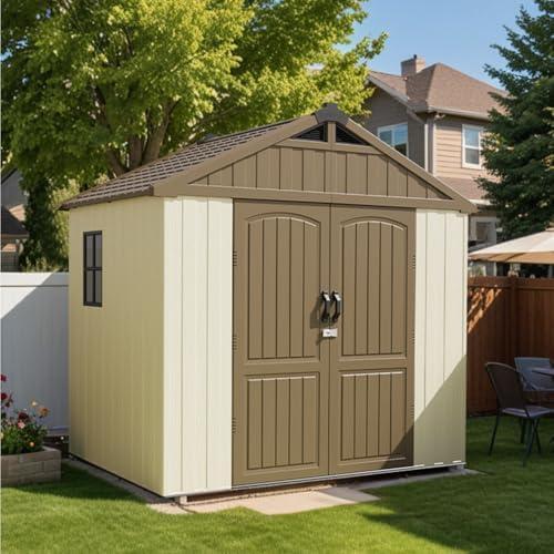 Patiowell 8 x 6 FT Plastic Outdoor Storage Shed with Floor, Resin Shed with Window and Lockable Door for Garden, Backyard, Tool Storage Use, Easy to Install in Brown (Kick-it Shed)