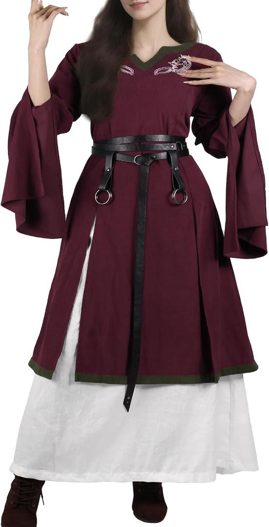 HiiFeuer 4 Pcs Renaissance Costume Women Embroidery Dress, Medieval Belt Skirt Hike Witch Dress Cosplay for Ren Faire