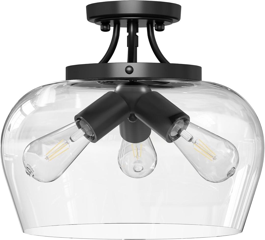 VONLUCE Semi Flush Mount Ceiling Light, 13.8" Ceiling Light Fixture with Clear Glass Shade, E26 Base, 3-Bulb Industrial Lighting Fixture for Hallway Entryway Bedroom, Matte Black, ETL Certificated