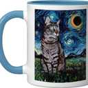 Gray Tabby Tiger Cat Starry Night Moon and Stars Artwork Ceramic Mug, Blue/White