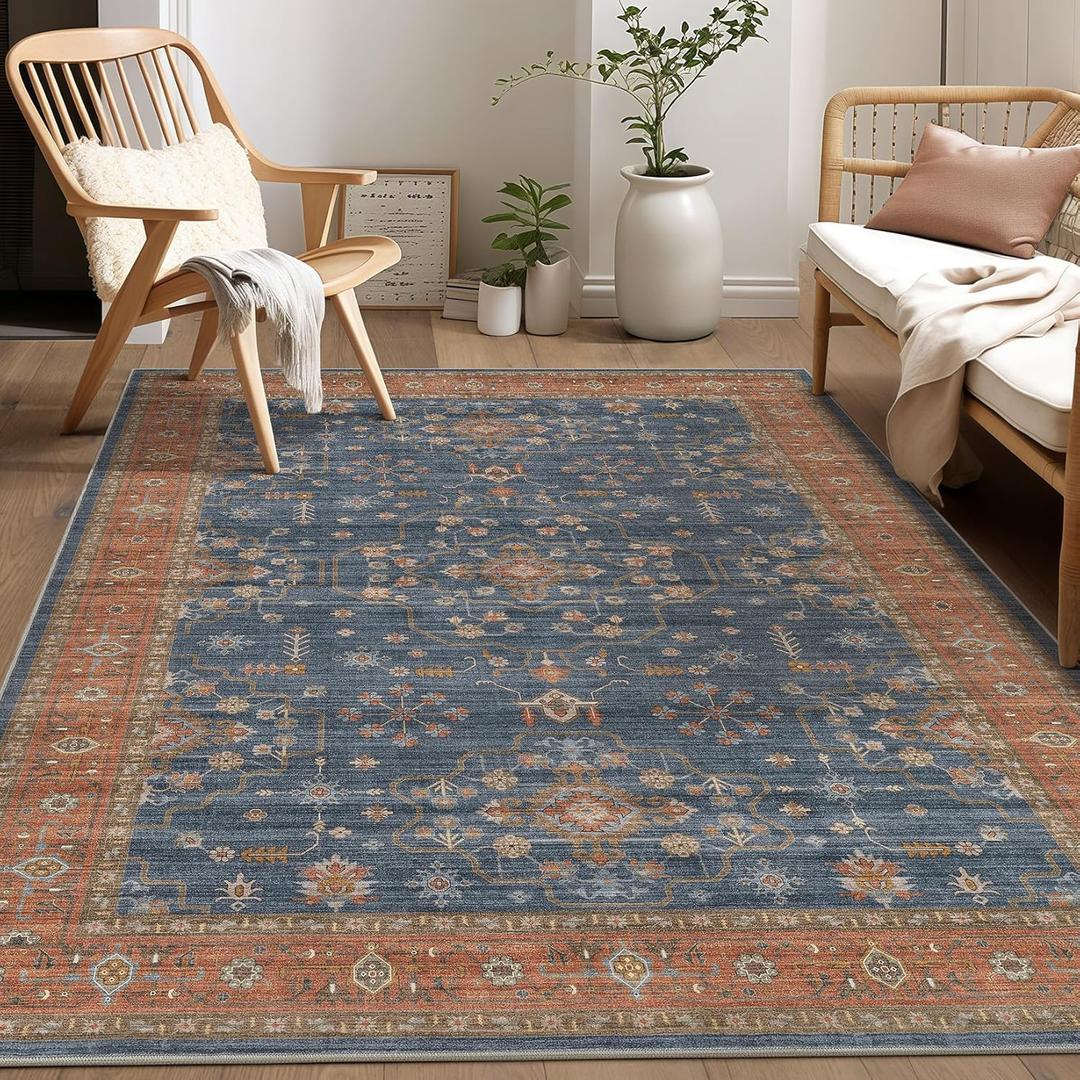 5x7 Area Rug for Living Room- Machine Washable Soft Oriental Vintage Large Indoor Floor Carpet for Bedroom Under Dining Table Home Office Decor - Blue Terracotta