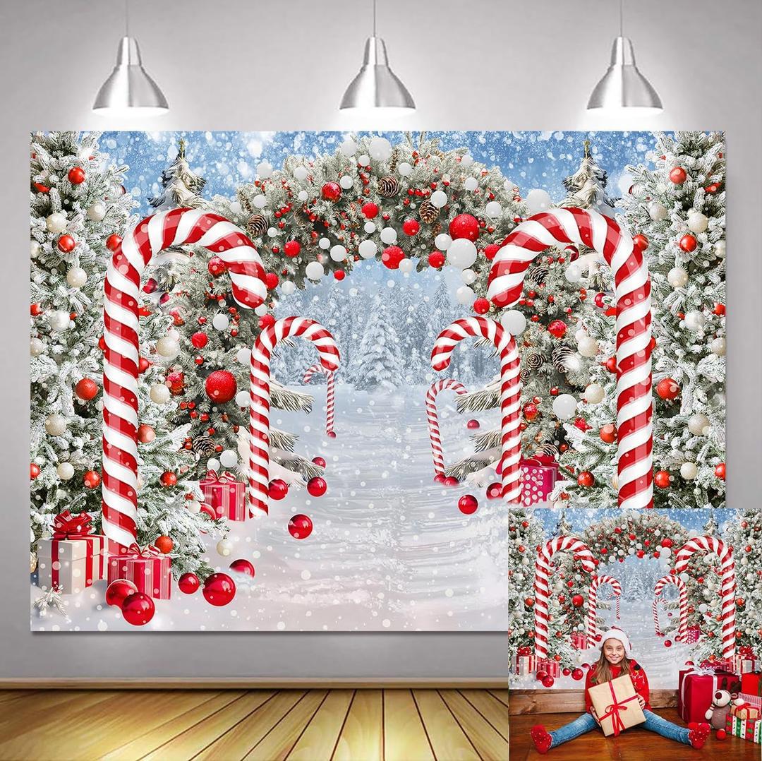 8x6ft Merry Christmas Cane Candy Photo Backdrop Xmas Tree Winter Snow World Forest Background Baby Shower Newborn Portrait New Year Eve Party Decoration Banner