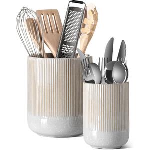 LE TAUCI Utensil Holder for Kitchen Counter, 7.3"+5.4" Fluted Ceramic Utensil Crock Organizer for Countertop, Heavy Large Holder for Spatulas, Spoons, Set of 2, Gray Marble