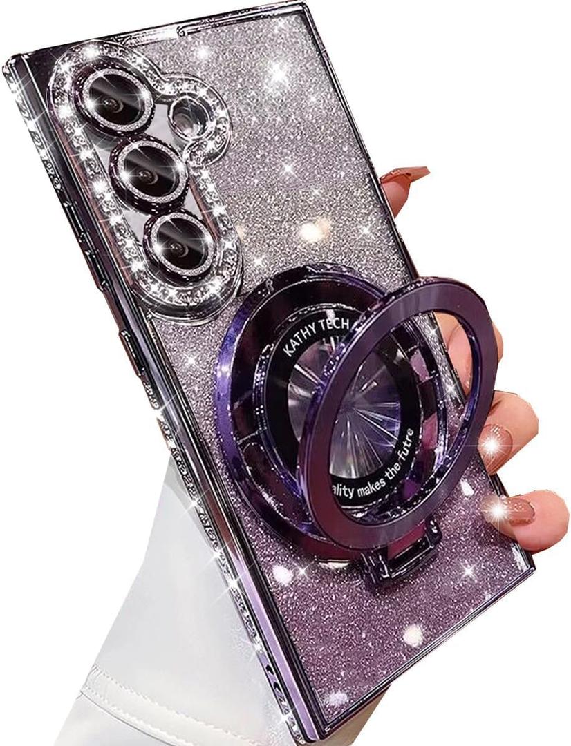 Changjia for Samsung Galaxy S26 Plus Magnetic Kickstand Glitter Case, [Compatible with Magsafe] Cute Bling Sparkly Diamond Rhinestones with Camera Protector Women Girls Case for Galaxy S26 Plus,Purple