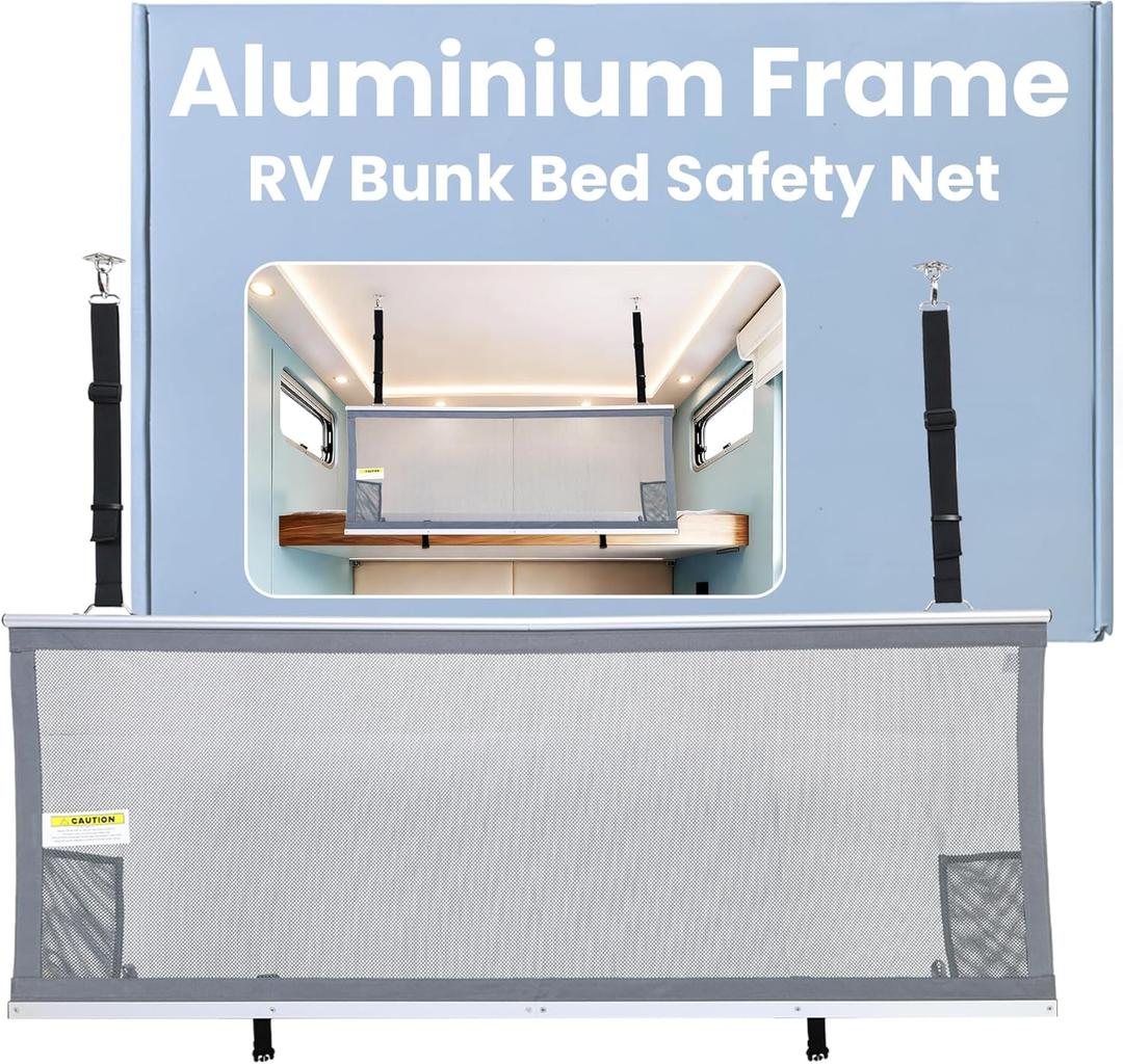 59" x 22" Aluminium Frame RV Bunk Bed Safety Net, Height Adjustable Mesh Bunk Bed Rail Guard, RV Accessories for Travel Trailers & Camper Van Must Haves