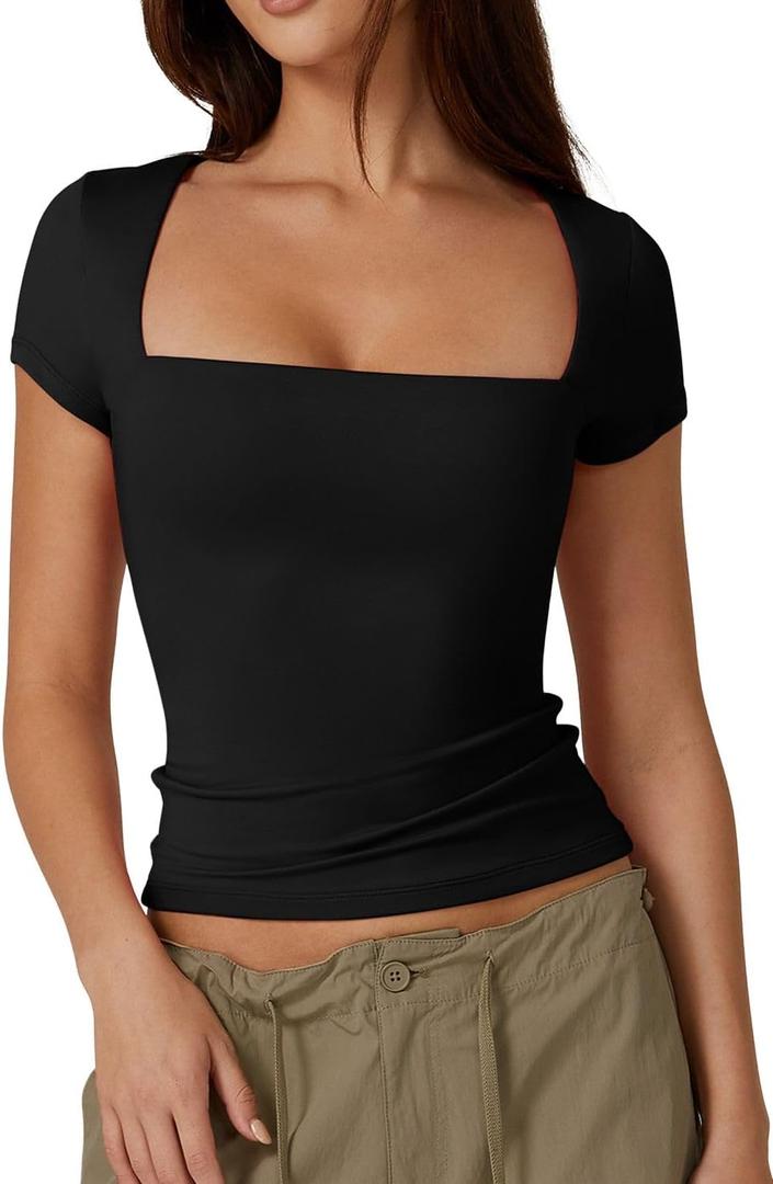 QINSEN Women's Square Neck Short Sleeve T Shirts Double Lined Basic Tee Slim Fit Tops (Large, Black)