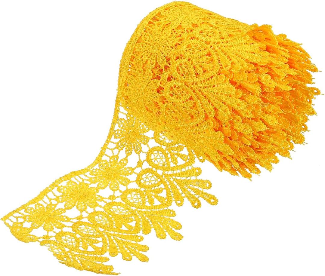 MECCANIXITY 3 Inch Wide 5 Yard Lace Ribbon Floral Pattern Yellow Embroidered Lace Trim Ribbon for Sewing Making, and DIY Crafts, Gift Wrapping, Wedding Decor