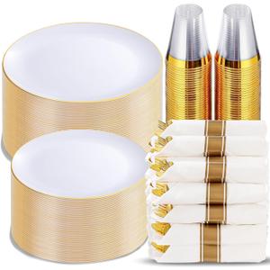 KIRE 350 PCS White and Gold Plates Disposable - Elegant Dinnerware Set of 50 Guest, White Plastic Plates With Gold Rim, Pre Rolled Napkins with Silverware & Cups for Party/Wedding/Mother's Day