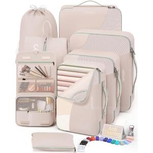 10 Set/8 Set Packing Cubes for Travel, Gifts for Women Mom,Anti-Tearing Suitcase Organizer for Luggage with Shoe & Hanging Toiletry Bag,OlarHike Vacation Essentials & Accessories for Cruise Ship,Cream