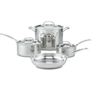 Cuisinart 7-Piece Stainless Steel Pots and Pans Set, Cookware Set Compatible with Induction, Electric, Gas Cooktops, Aluminum Core for Quick Even Heat, Cool Grip Handles, Dishwasher Safe, Oven Safe