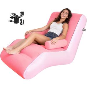 Inflatable Deck Chair with Air Pump, Foldable Lounge Chair for Bedroom and Living Room, Indoor Sofa Lounge with Handrails(Pink)