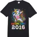 Awesome Since 2016 Girls Boys Dabbing Unicorn Birthday T-Shirt, XS