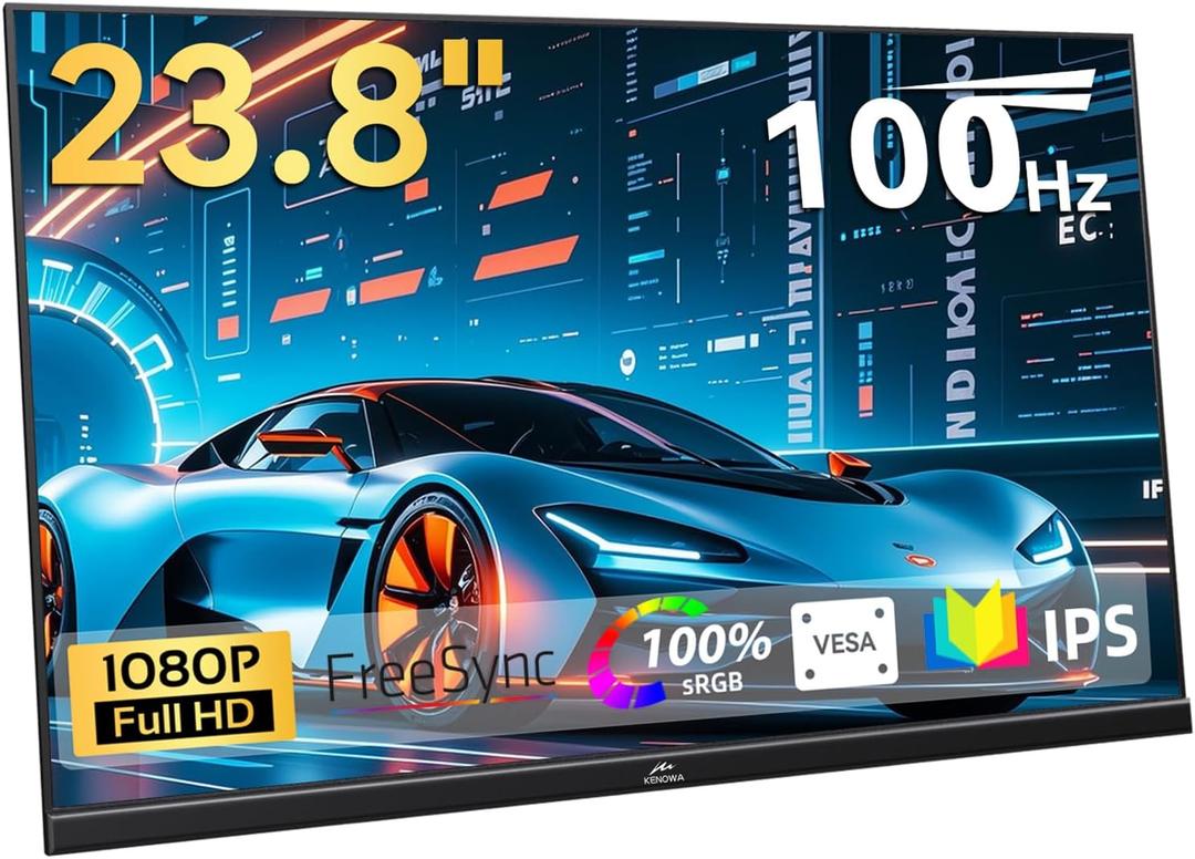 Kenowa 23.8" Large Portable Monitor 100Hz IPS FHD 1080P Freesync USB-C HDMI Gaming Monitor, External Display Dual Speakers Adjustable Stand for PC,Laptop,Mac,Phone,Game Consoles