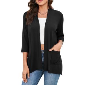 HIYIYEZI Womens Casual Lightweight Cardigans with Pockets 3/4 Sleeve Open Front Dusters (Large, A-01 Black)