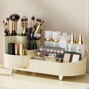 Rotating Makeup Organizer,Large Capacity Cosmetic Display Case, Easy to Hold All of Your Makeup Products, At Least 20 Makeup brushes/Eyeliner,10 Lipsticks,8 Skincare Products (Ivory)