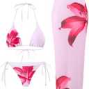 Verdusa Women's 3 Piece Floral Halter Bikini Set Colorblock Tie Back Swimsuit with Cover Up Skirt XL Pink
