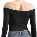 SUUKSESS Women Off Shoulder Double Lined Long Sleeve Shirts Basic Going Out Tops (Black, L)