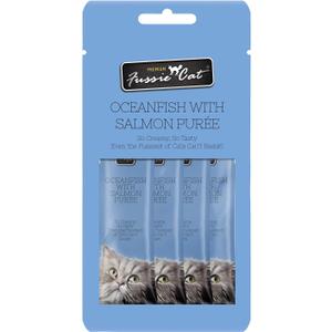 Fussie Cat Ocean Fish and Salmon Puree, lickable cat Treats, 0.5oz Pouch Pack of 4 (EXP 03/08/26)