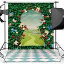 Wonderland Backdrop Green Leaves Rose Tea Party Photography Background Magic Hat Checkerboard Decorations Little Princess Girls Kid Birthday Photo Booth Prop (6X8FT(70x94inch))