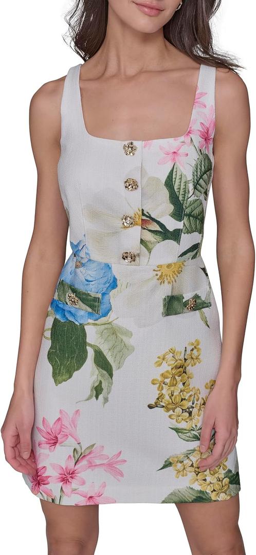 KARL LAGERFELD Women's Sleeveless Square Neck Tweed A-line Mini Dress (10, Soft White/French Blue Combo)