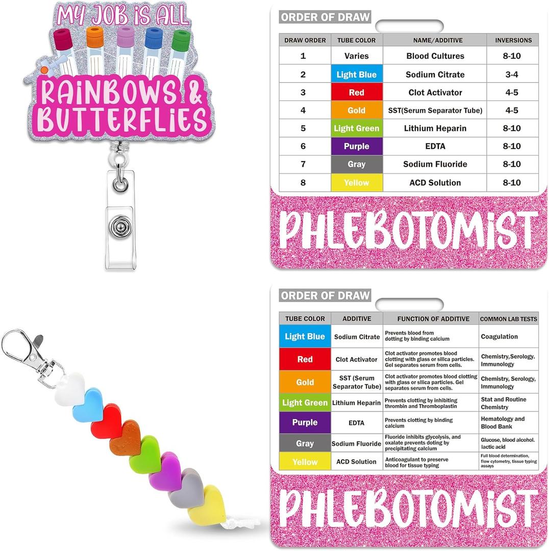 Phlebotomy Badge Reel with Buddy, Order of Blood Draw Reversible Reference Card with Beads Clip, Retractable Phlebotomist Essentials Nurse Accessories for Work, Nursing Practitioner Grad Gifts