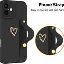 Fiyart Designed for iPhone 16 Case with Phone Holder Cute Love Hearts Pattern Slim Protective Camera Protection Cover with Wrist Strap Kickstand for Women Girls 6.1"-Black
