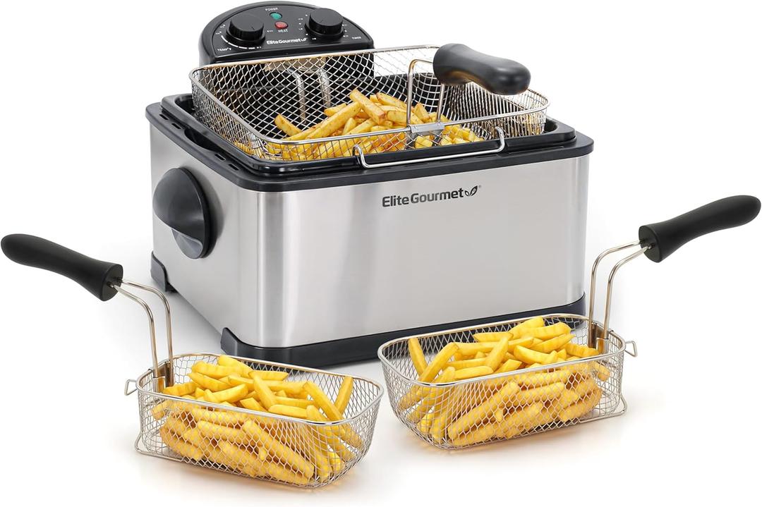 Elite Gourmet EDF-401T Electric 4.5 Qt. / 17 Cup Immersion Deep Fryer 3-Baskets, 1700-Watt, Timer Control Adjustable Temperature, Lid with Viewing Window and Odor Free Filter