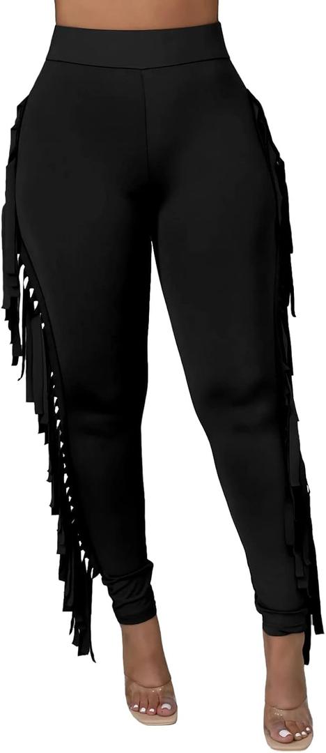 Rimhold Women's Fringe High Waist Solid Bodycon Side Tassel Pants Yoga Sweatpants Bandage Pants (Large, Black)