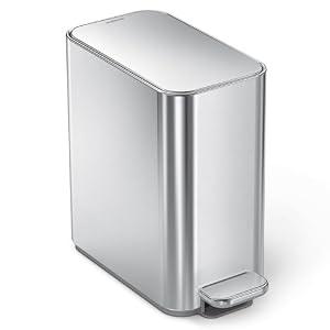 simplehuman Slim Step Can, 5L / 1.3 Gallon Compact Bathroom Trash Can, Liner Pocket®, Sleek Internal Hinge, 150,000-Step All-Steel Pedal, Lid Shox® Silent Close, Brushed Stainless Steel