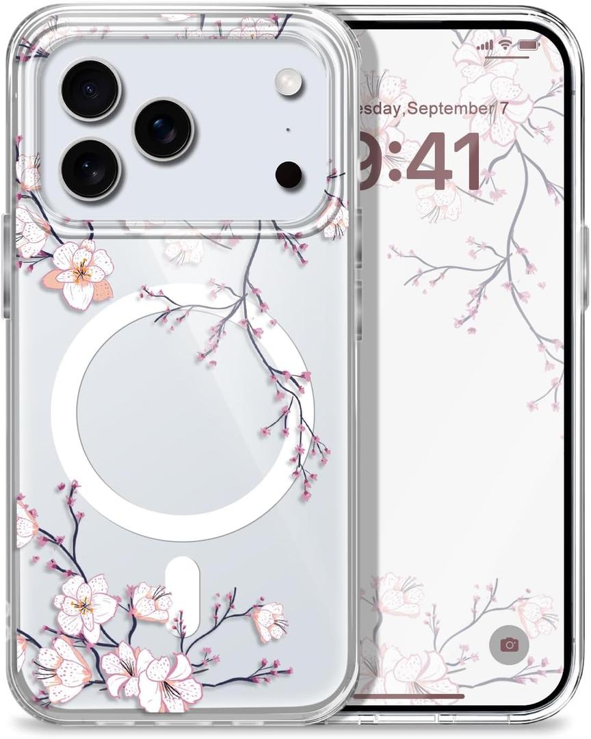 for iPhone 17 Pro Max Case, Ultra Thin Magnetic Transparent Compatible with MagSafe for iPhone 17 Pro Max Phone Cover 6.9 inch, Plum Blossom