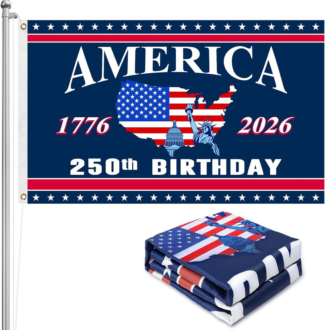 4th of July Decorations - 3x5 Ft Double Sided 3 Layers 250th Anniversary Flag - Fourth of July Independence Day Patriotic Red White and Blue 250th Anniversary American Flag Decor for Indoor Outdoor